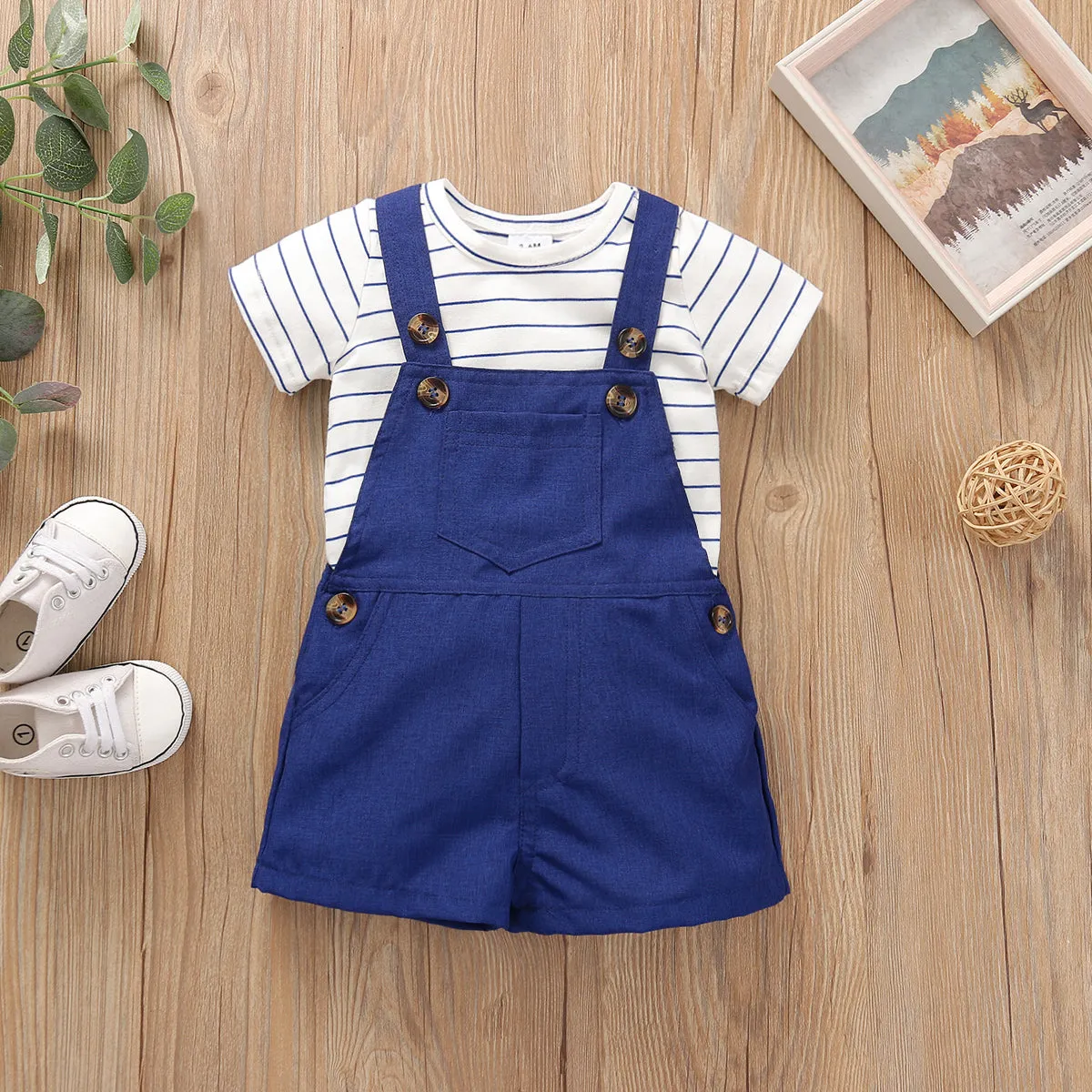 2pcs Stripe Print Pocket Decor Short-sleeve Baby Set