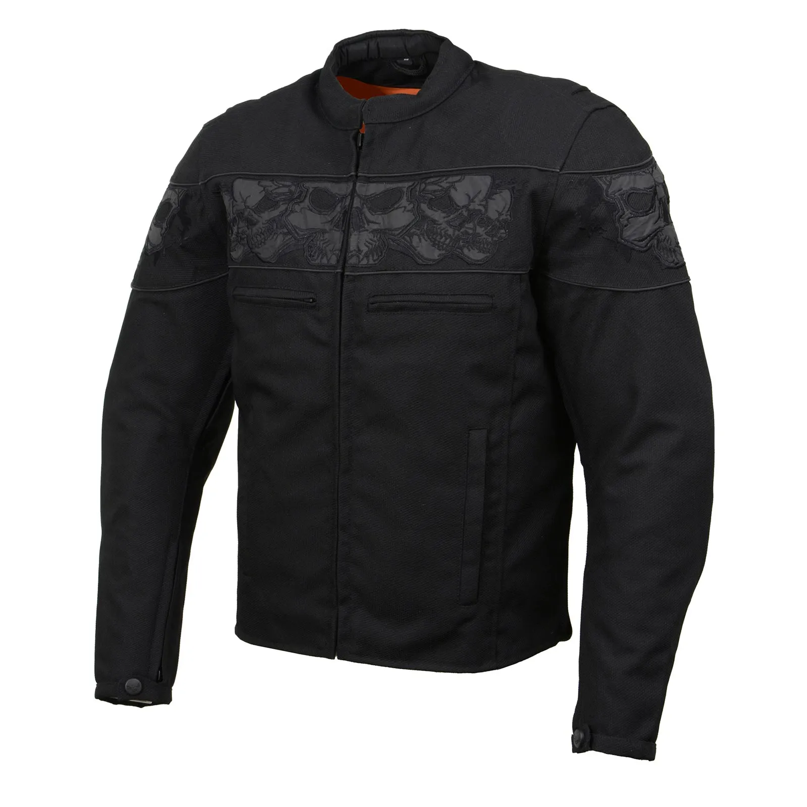 MPM1730 Black Padded Textile Motorcycle Jacket for Men w/ Reflective Skulls - All Season Motorcycle Jacket