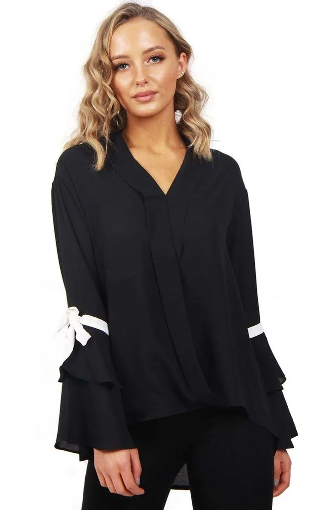 Ribbon Detail Sleeve Floaty Wrap Front Top